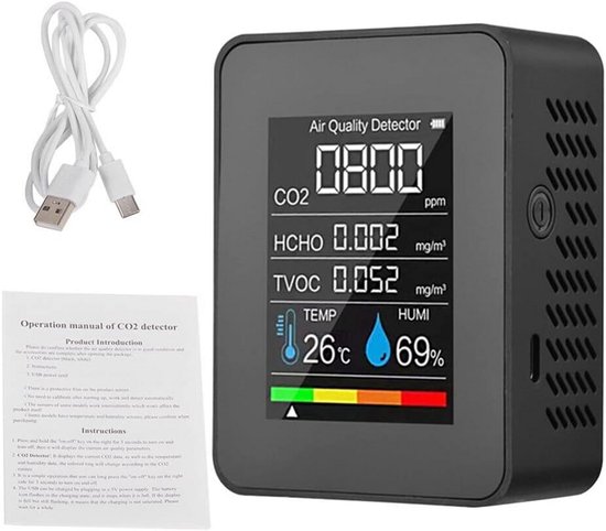5-in-1 Luchtkwaliteitsmeter: CO2, Formaldehyde (HCHO) & TVOC Detector met Kleurenscherm