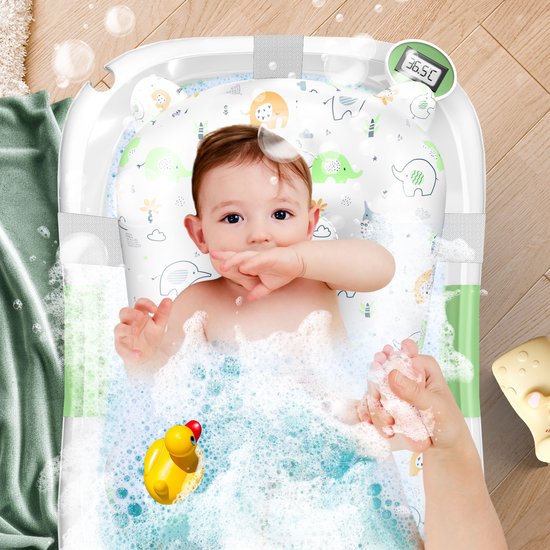 KIDIZ® Babybadje Opvouwbaar met Thermometer - Peuterbadje Ergonomisch, Rutschvrij, Met Zacht Badkussen en Afvoer - Babybad / Baby Bad Set Voor Baby's van 0-12 Maanden - Babybadset - Groen van Merkloos — afbeelding 5