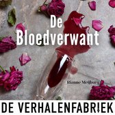 Boek "De Bloedverwant" met glas rode wijn en rozenblaadjes.