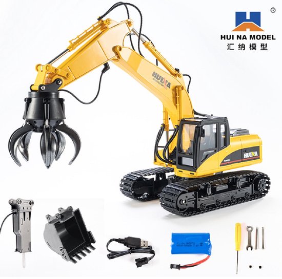 Huina 3-in-1 RC Graafmachine Truck Metaal Afstandsbediening 1:18 Bouwvoertuig Speelgoed voor Jongens en Meisjes