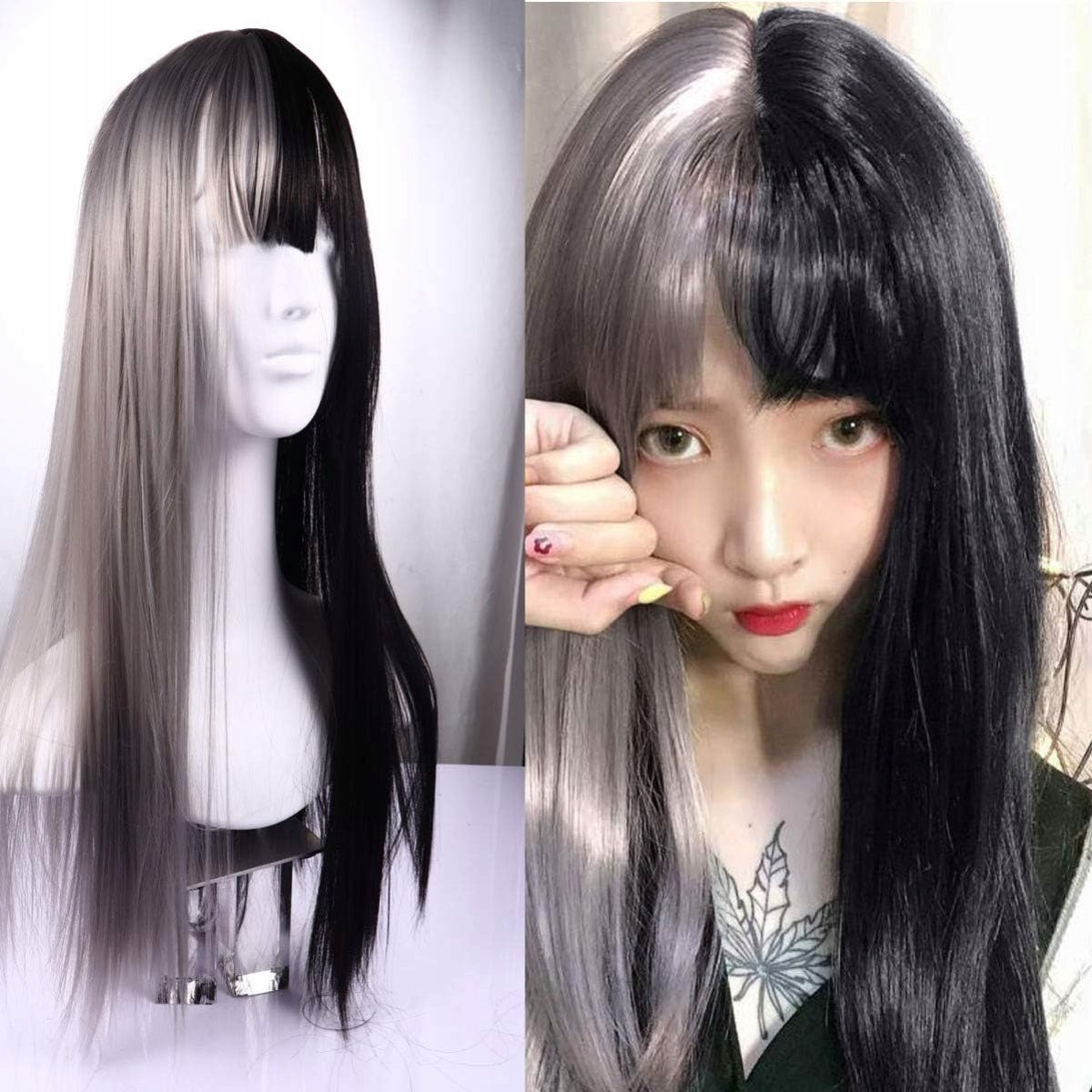 Cosplay Pruik Lang Recht Haar met Pony Grijs-Zwart 70cm