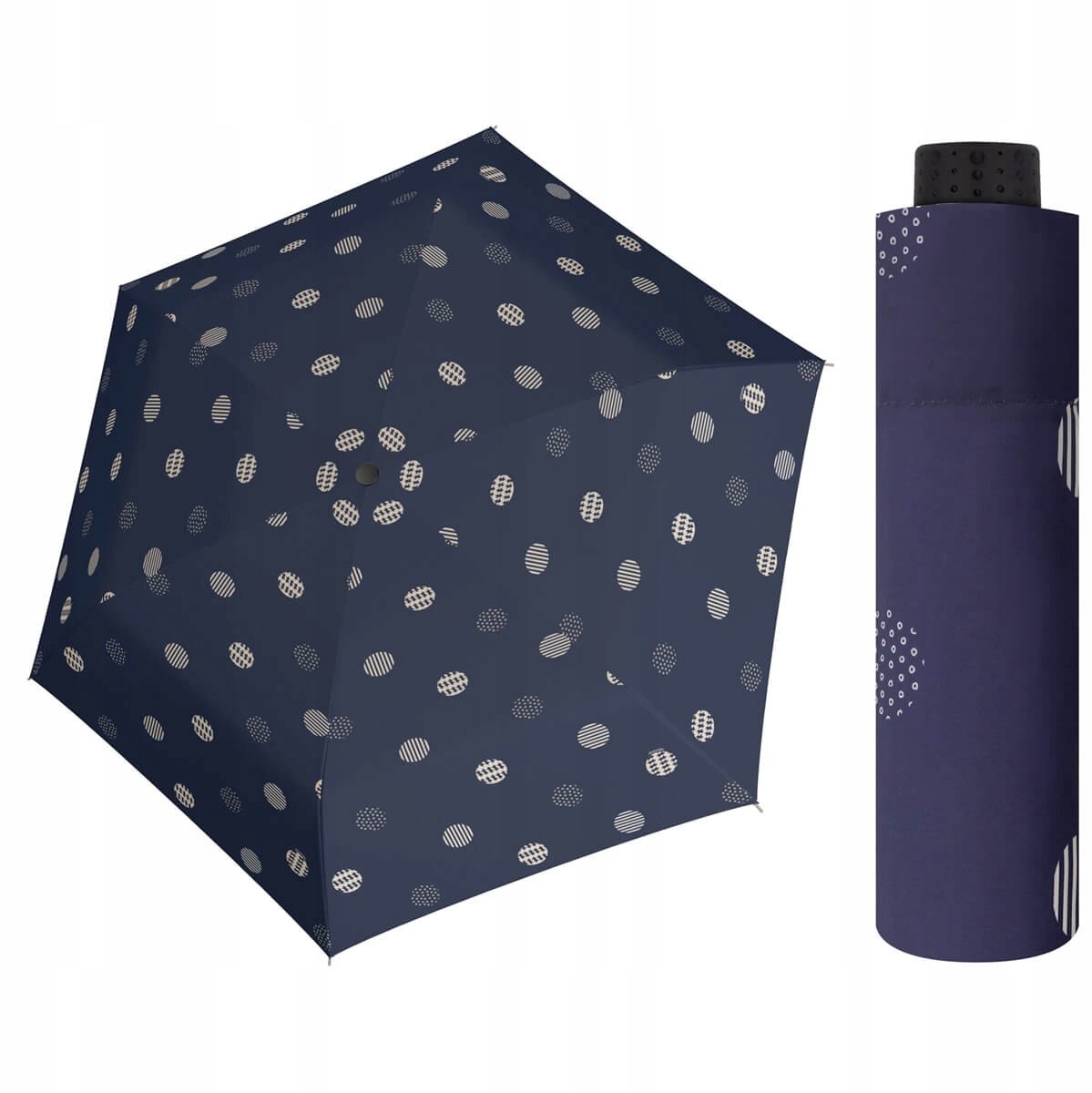 DOPPLER Fiber Havanna paraplu: lichtgewicht, compact, marineblauw met stippen