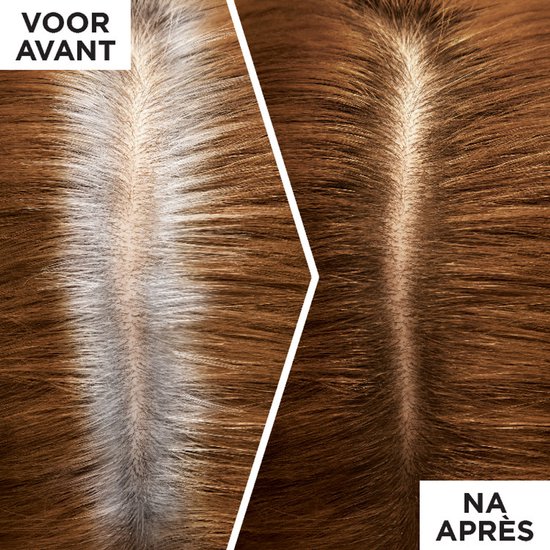 Voor en na de haarkleurcorrectie, met zichtbaar verschil in de haarwortels.