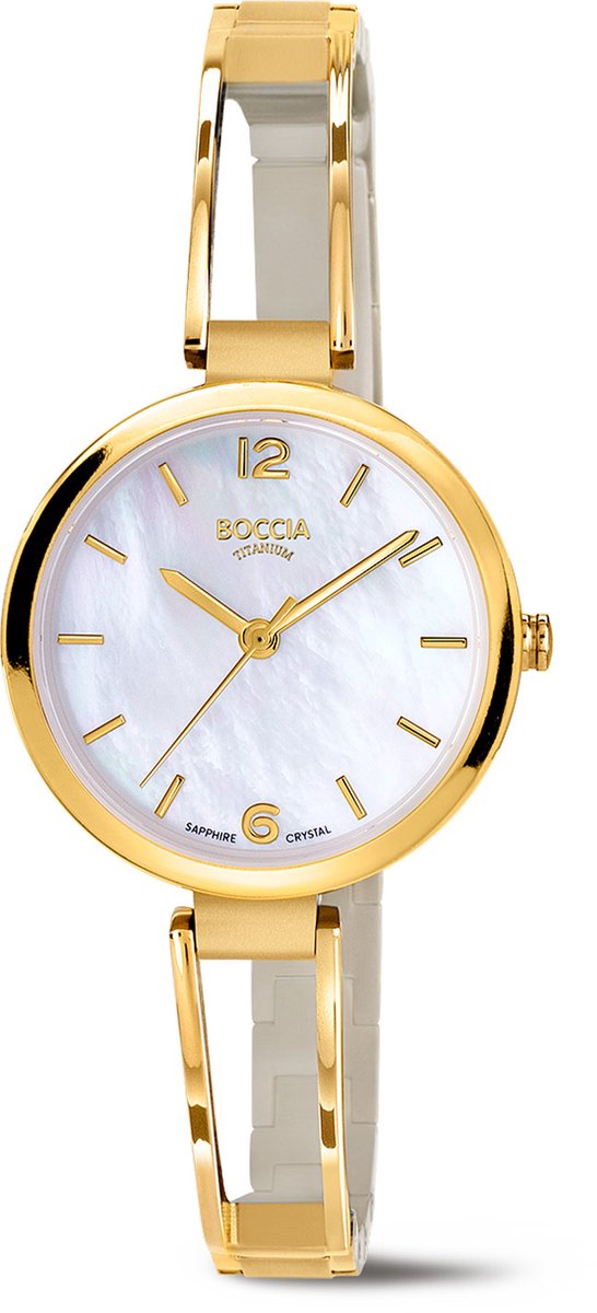 Boccia Titanium 3354-02 Dames Horloge - Saffierglas - Goudkleurig - 30 mm breed - Quartz - Vouw-Vlindersluiting - 5 ATM (douchen)