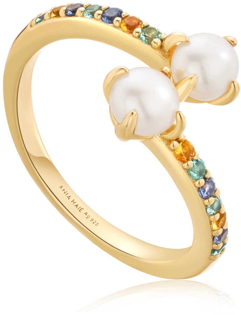 Ania Haie AH R054-03G Modern Muse Dames Ring - Minimalistische ring - Sieraad - Zilver - Goudkleurig - 925 Zilver - Parel - 7 mm breed