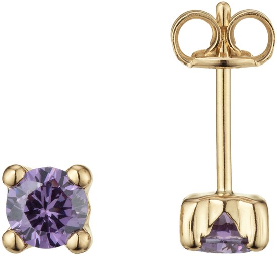 Boucle d'oreille en or avec pierre violette ronde et fermoir papillon assorti.