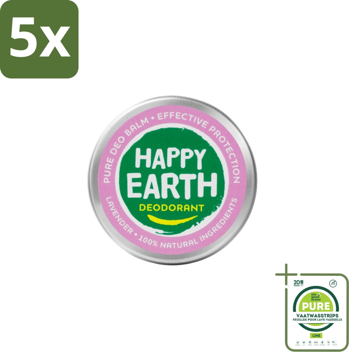 5 x Happy Earth – Deodorant Balm – 100% Natuurlijk Lavender – 45 g - Grootverpakking - Natuurlijke Deodorant - Frisse Geur - Lavendel - Huidvriendelijk - Aluminiumvrij