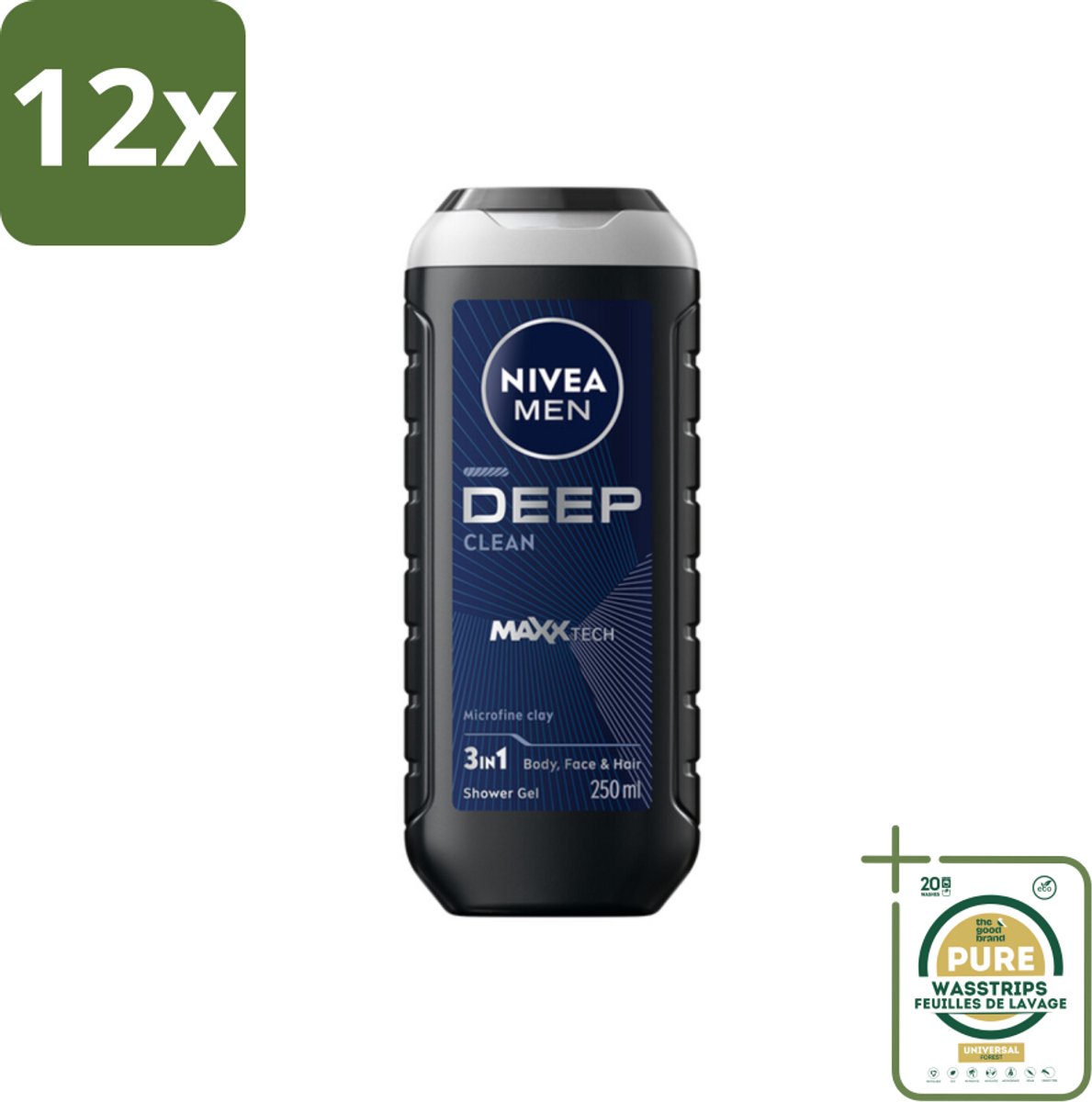 NIVEA MEN - Douchegel - Deep Clean - 250 ml - Voordeelverpakking - 12 stuks - Gezicht - Haar