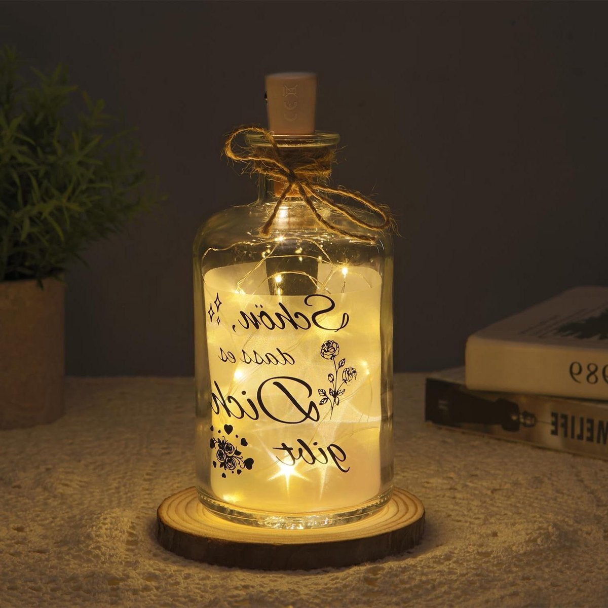 Provento - Verlichte fles met spreuk en kurk, decoratieve LED-flessenverlichting, gepersonaliseerd cadeau voor verjaardag en Kerstmis, cadeau voor vriendin