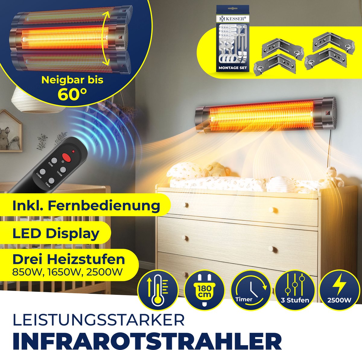 KESSER Terrasverwarmer Elektrisch 2500 W Wandmontage - Infrarood Heater voor Binnen en Buiten met 3 Warmtestanden - Antraciet – foto 3