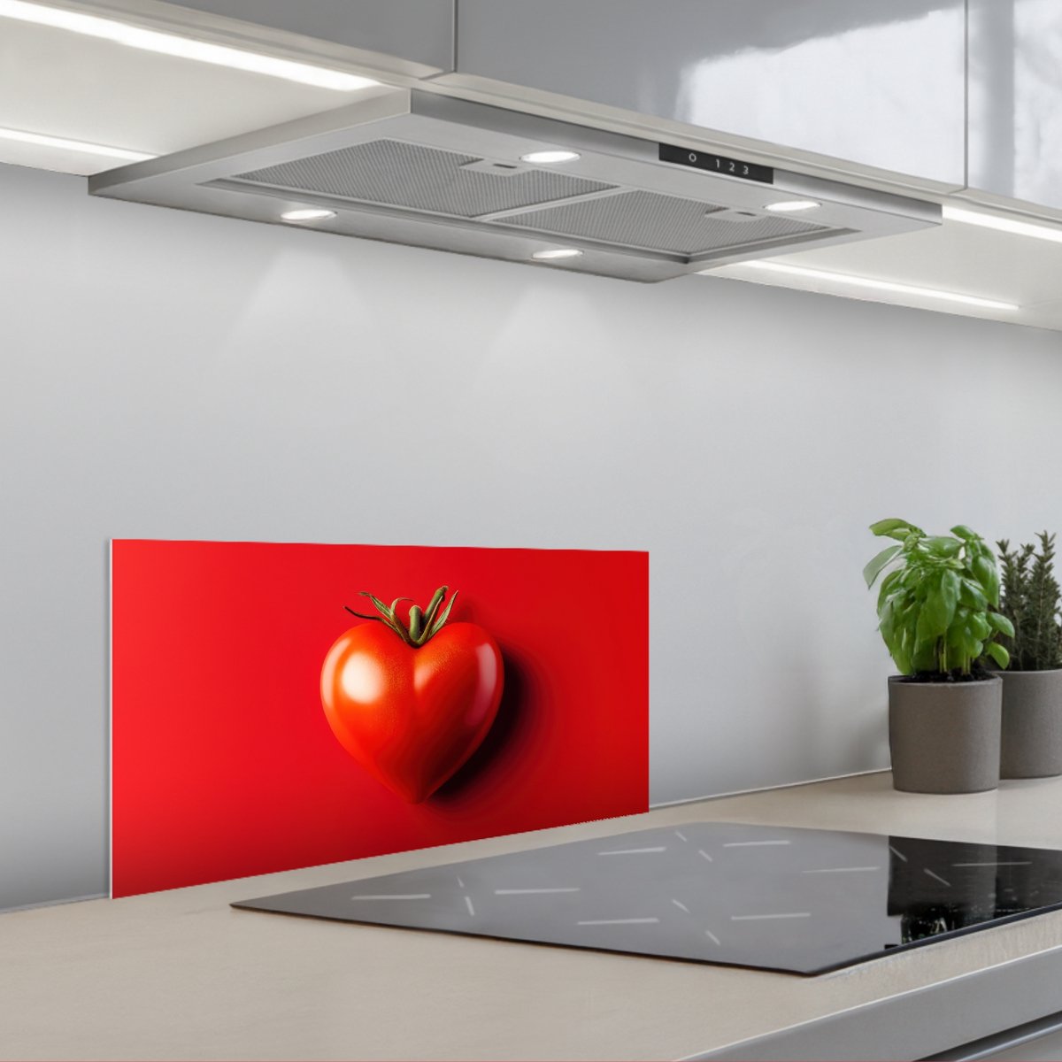 Spatscherm 60x30 cm - Zelfklevende achterwand Tomaat - Rood - Hart - Keuken muurbeschermer - Spatwand fornuis
