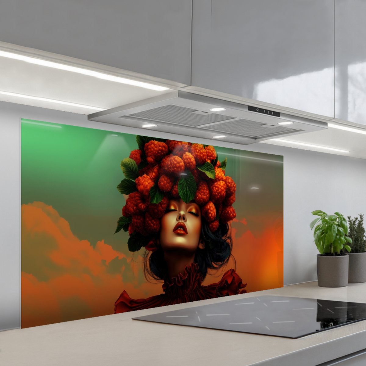 KitchenYeah Spatscherm 120x60 cm Zelfklevende achterwand Vrouw Frambozen Bladeren Keuken muurbeschermer Spatwand fornuis