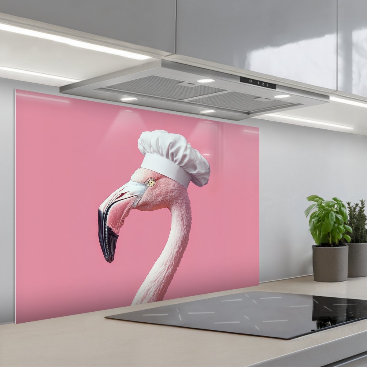 KitchenYeah Spatscherm 90x60 cm Zelfklevende achterwand Flamingo Roze Koksmuts Vogel Keuken muurbeschermer Spatwand fornuis