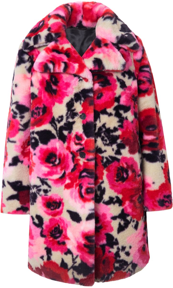 MIAMODA - Dames - Pluche mantel straight fit rozenprint - Karamel - Maat 56