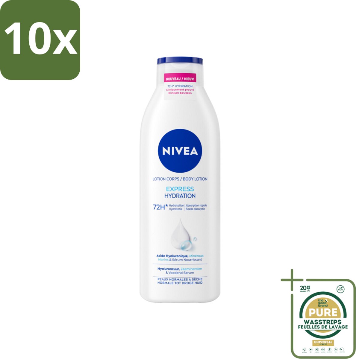 10 x NIVEA – Bodylotion – Express – 250 ml - Grootverpakking - 72 Uur Hydratatie - Hyaluronzuur - Zeemineralen - Snel Intrekkend - Droge Huid