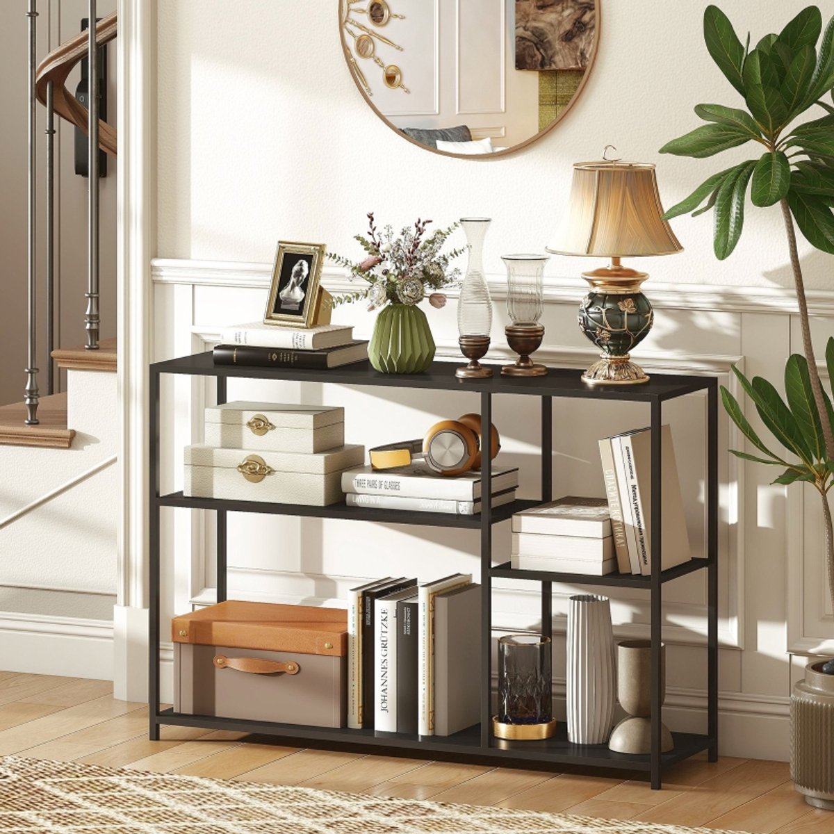 REDOM Consolentafel industrieel, staal met asymmetrisch middenrek — smal 110×30×75 cm, zwart, anti-kantel