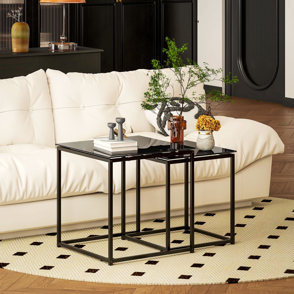 REDOM Bijzettafel 2-delig set - Stapelbaar met geharde glasplaat, zwart stalen frame, compact design, 30 kg draagvermogen