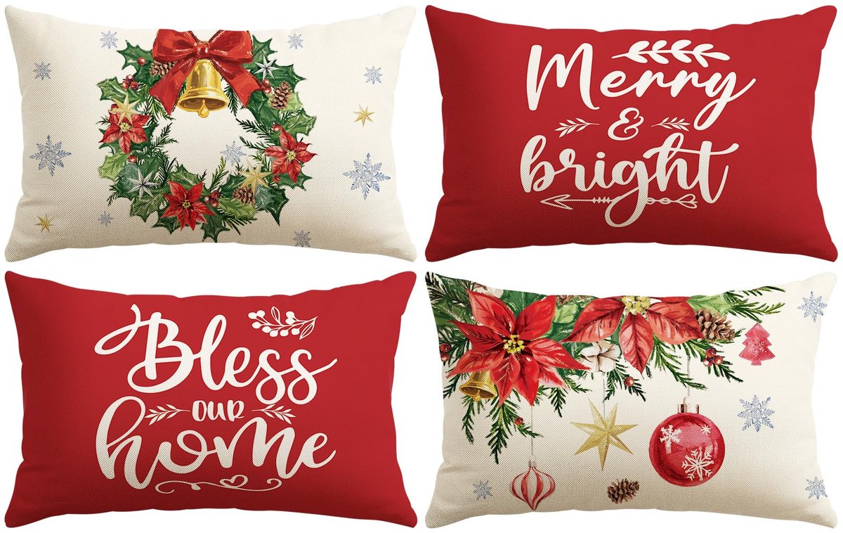 Unyqoos Set van Vier Roodkleurige Kussenslopen met Kerstontwerp voor Woondecoratie Kerstkrans En Klokken - Rood
