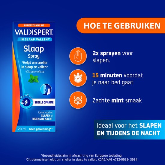 Valdispert Slaap Spray: blauwe doos, met oranje 'Hoe te gebruiken' sectie. Instructies: 2x sprayen, 15 min voor bed, zachte mint smaak.