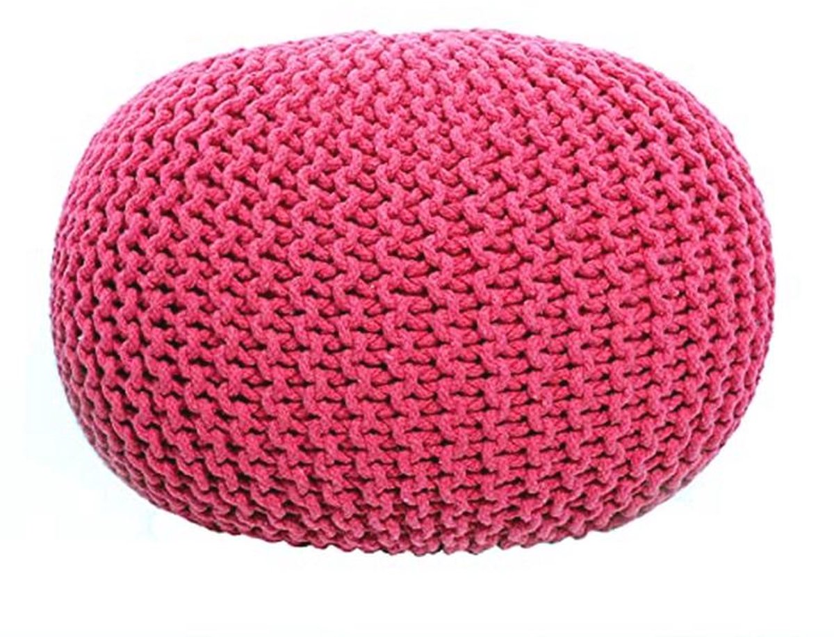 Handgebreide katoenen ottomaanse poef - felroze - 50 x 50 x 35 cm