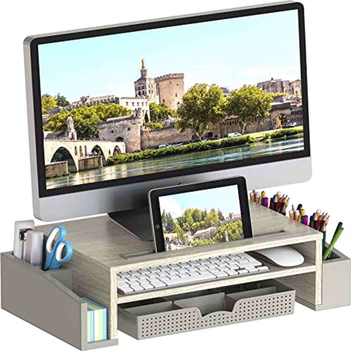 Bureau Monitor Stand Riser met Verstelbare Organizer Lade - Esdoorn
