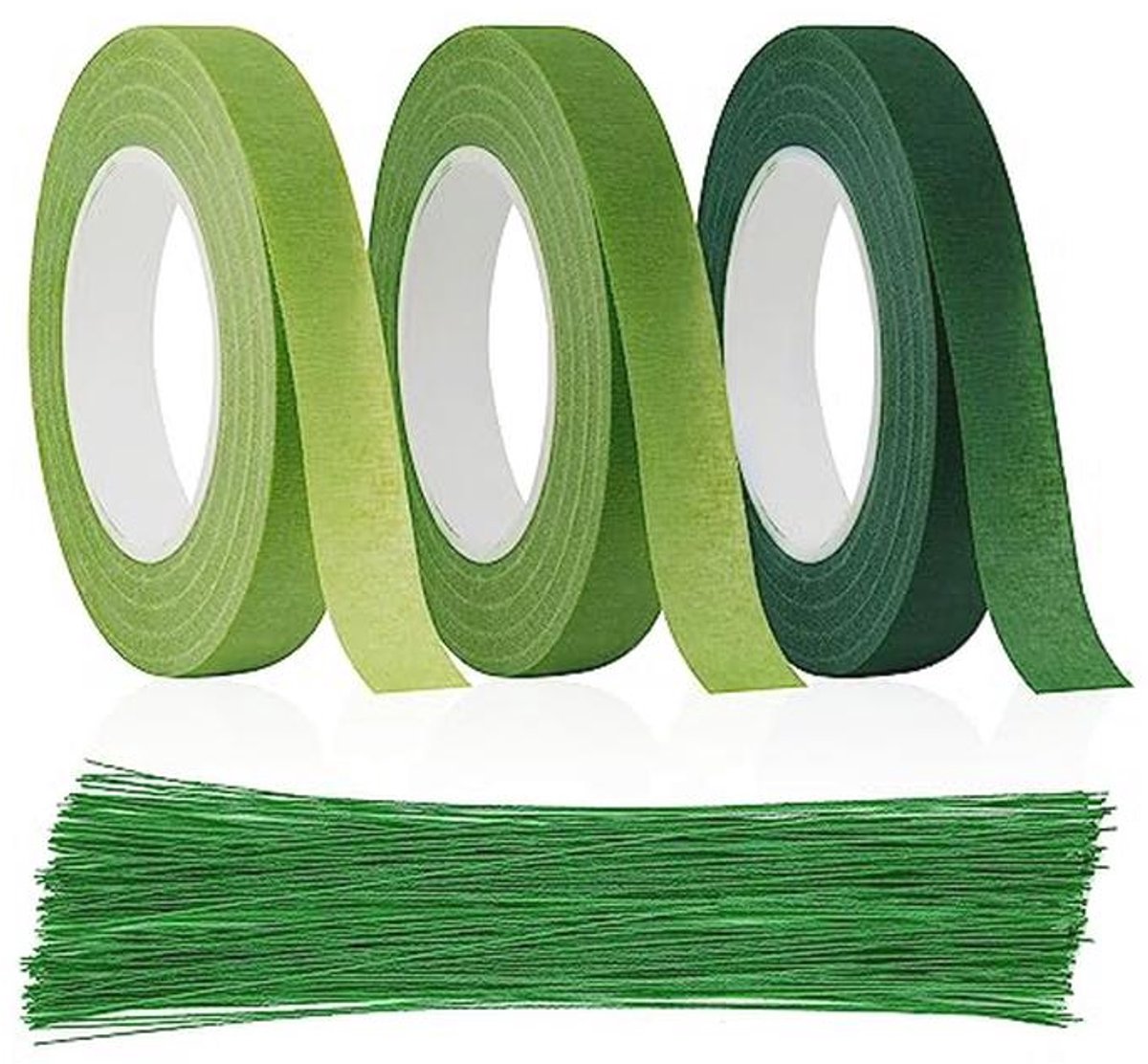 Bloemistenlint en Bloemendraad Set - 3 Rollen Crêpe Lint en 100 Stuks Groene Steekdraad voor Bloemwerk en Boeketten