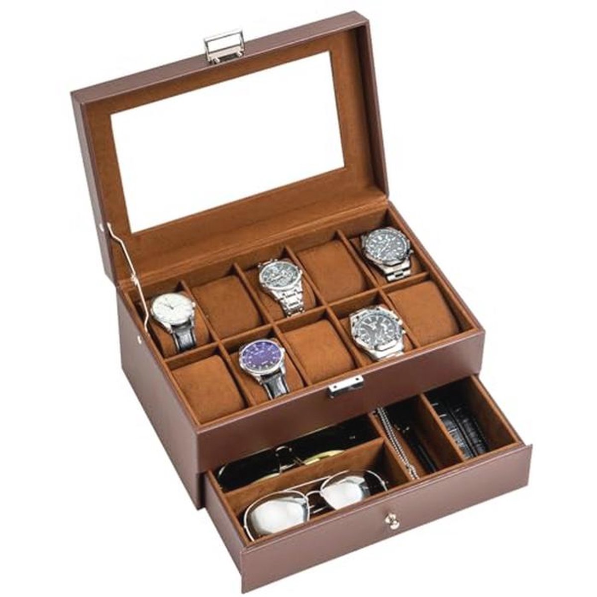 Horlogendoos met 2 Lagen en Glazen Deksel, 10 Compartimenten en 1 Lade voor Horloges, Ringen en Armbanden