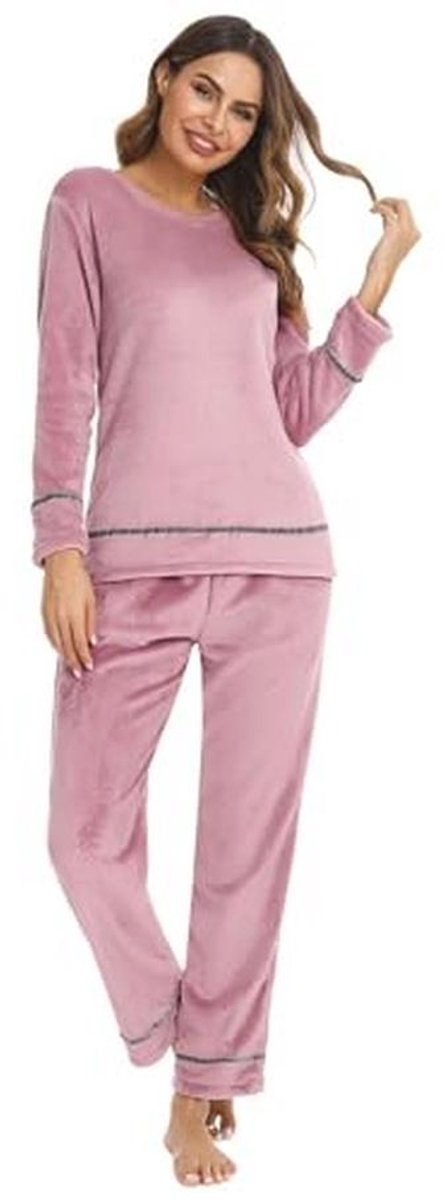 Dames Pyjama Winter Warm Huispak - Knuffelige Flanellen Nachtkleding Set - Fleece Tops & Pyjamabroek - Roze, S