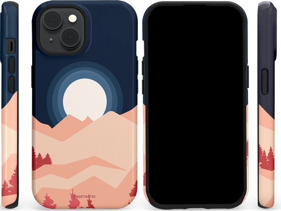 Drie weergaven van een hoesje met berglandschap bij maanlicht. Eén voor, twee zijweergaven met de telefoon.