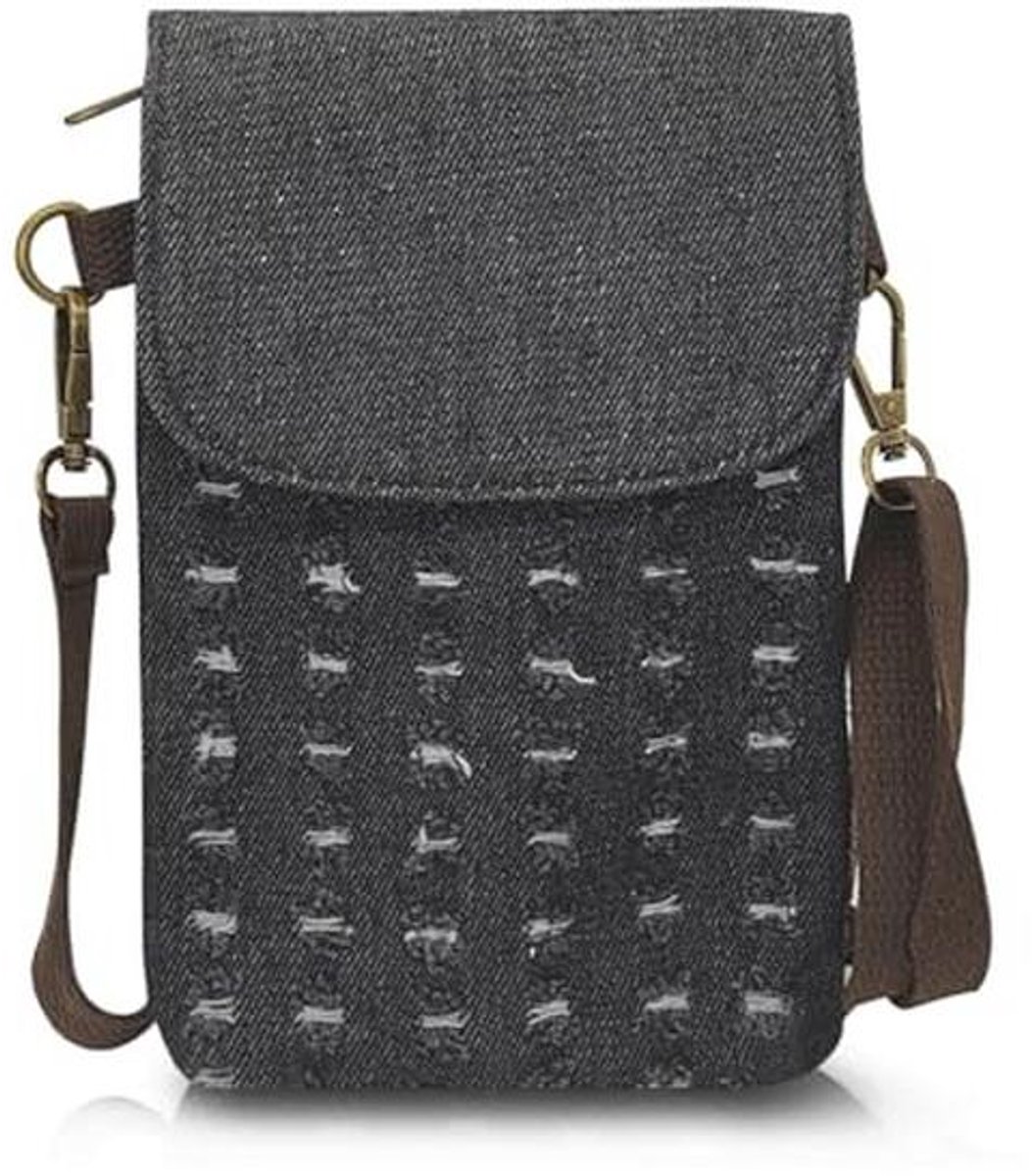 Canvas Crossbody Tas voor Dames met Afneembare Polsriem en Ritssluiting