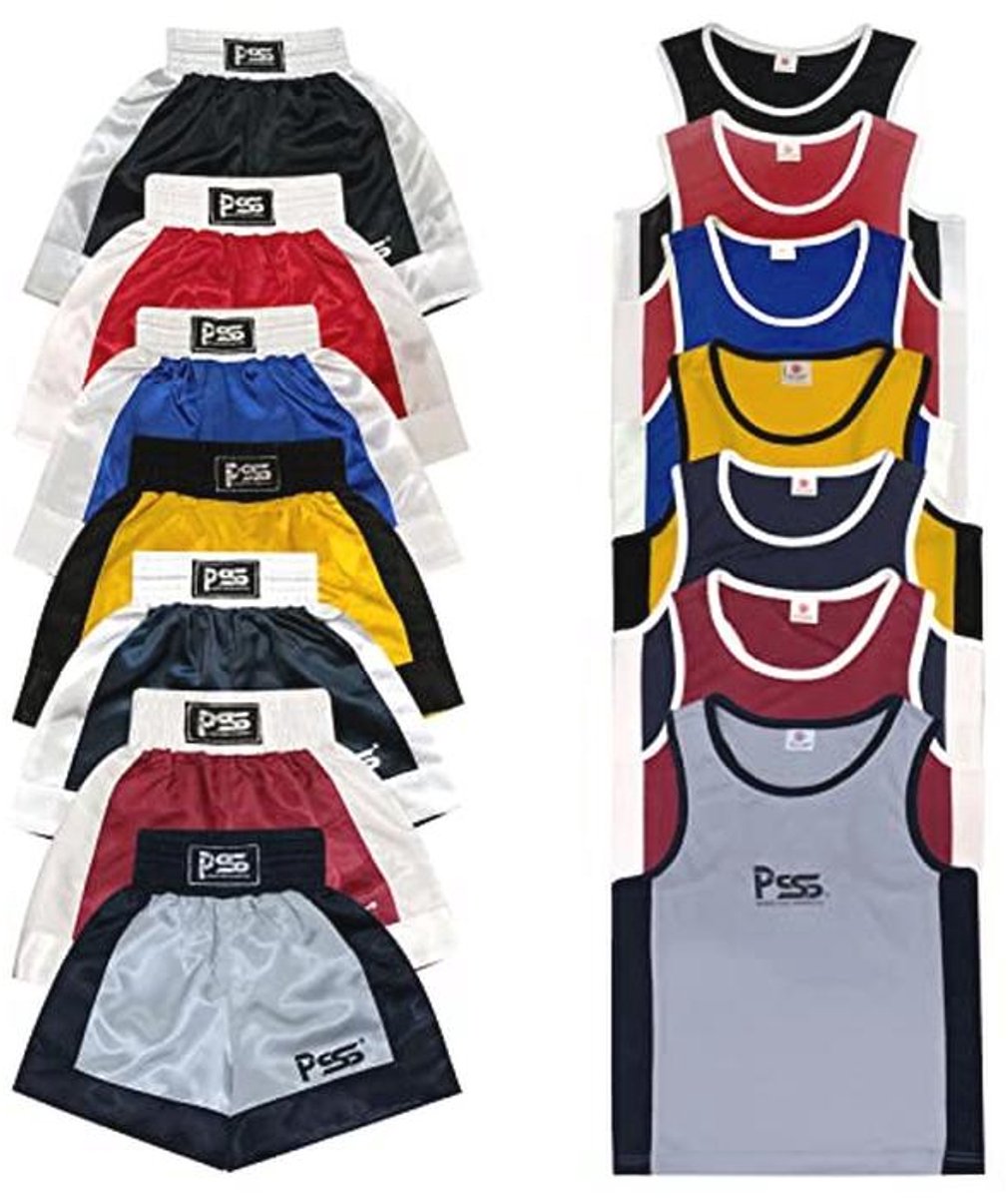 PSS Boksset voor kinderen, 3 tot 14 jaar, shorts + tanktop, boksen, kickboksen, Muay Thai, MMA, zwart, rood, blauw, marineblauw, bordeaux en grijs
