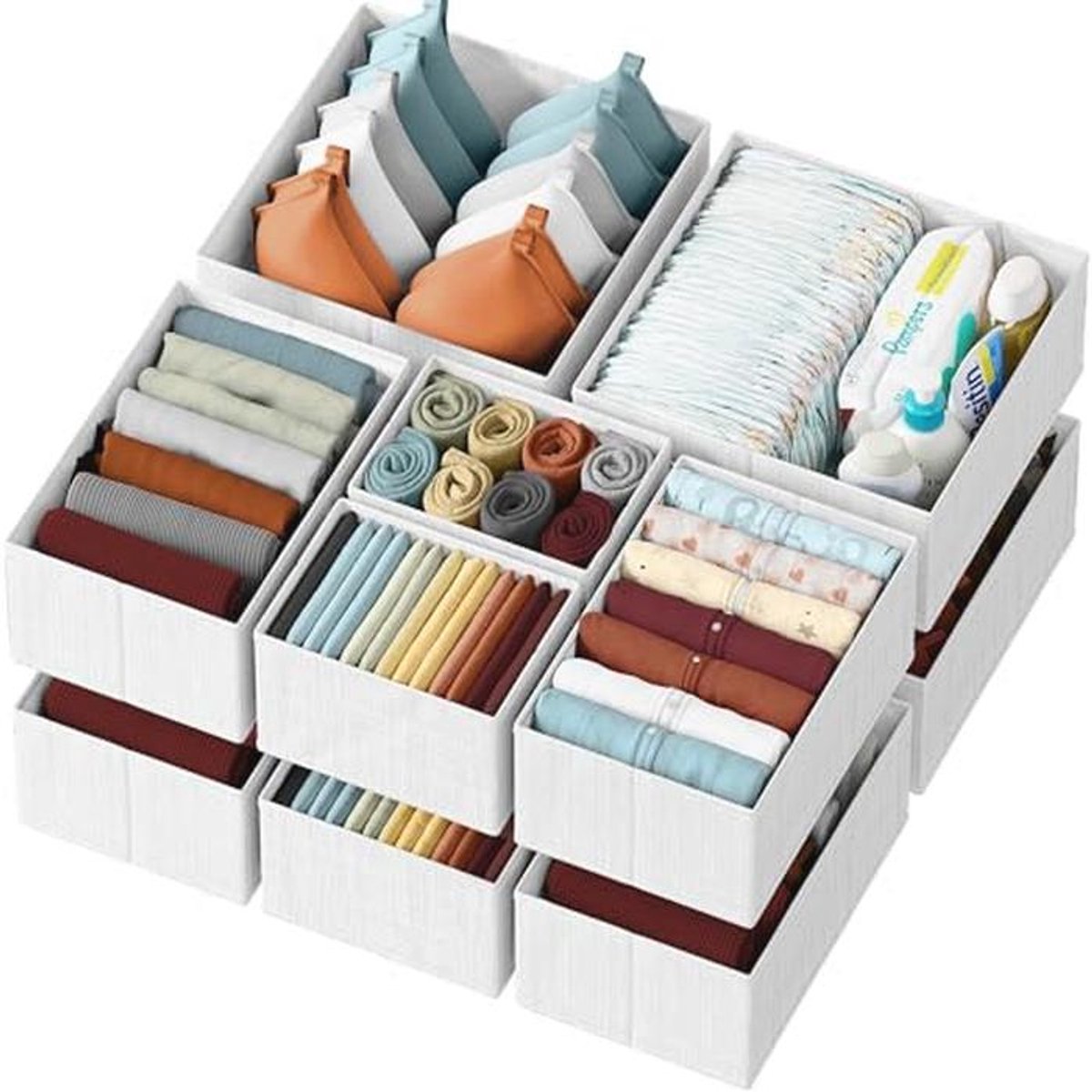 Lade Organizer Set van 12 - Wit-Grijze Stof voor Kleding en Algemeen Gebruik