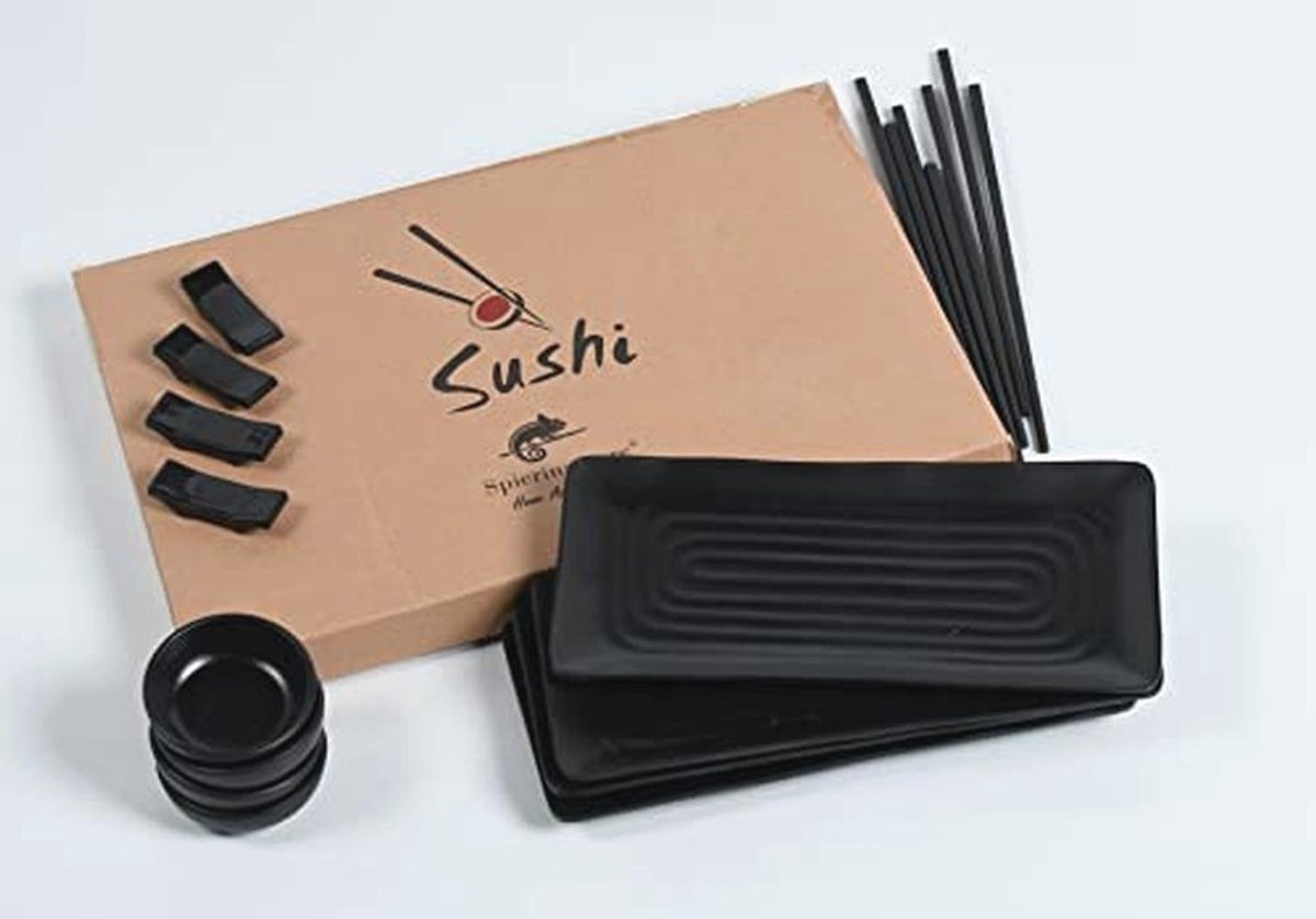 Zwarte sushi set voor 4 personen - 16 delig - Melamine serviesset met eetstokjes en sauspo
