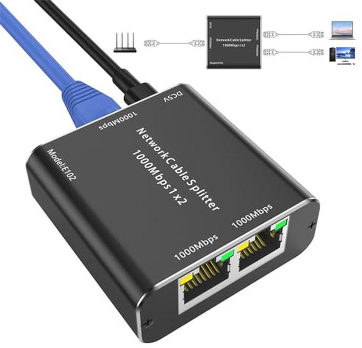 YOUTINGHDAV LAN-splitter 1 op 2, 1000 Mbps RJ45 netwerk switch 2-poorts ethernet splitter, RJ45 Gigabit Switch CAT5 CAT5E CAT6 CAT7 voor pc, laptop, hub, switch, router, settop box, digitale tv