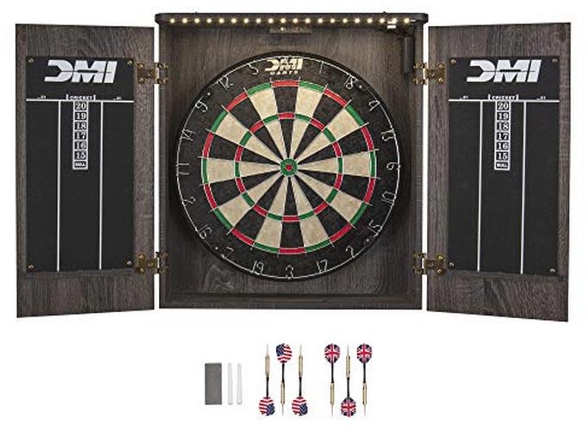 DMI Sports Dartbord kabinetsets met varkenshaar - inclusief LED-verlichting of elektronische scoreoptie