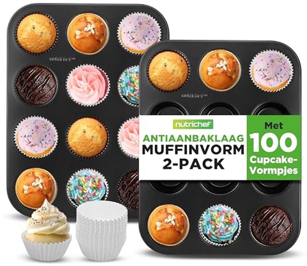 Muffin Bakvormen Set van 2 | Nonstick Cupcake Bakplaten met 12 Mallen | Karbonstaal en Stapelbaar | Geschikt voor Afwasmachine en Oven | Inclusief 100 Bakpapierlijnen