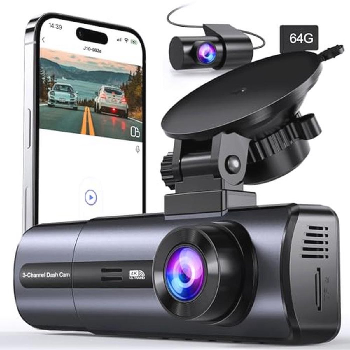 Dashcam 3-kanaals 1080P voor en binnen met auto