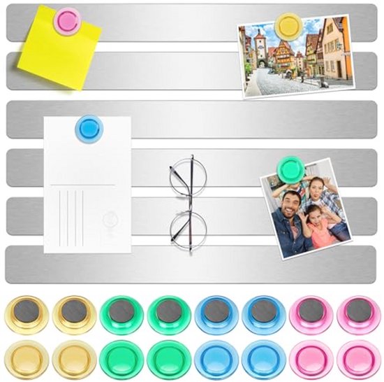 Magneetbord Strips 30x5 Cm – Zwart, Zelfklevend, Set Van 4 Met 12 Kleurrijke Magneten, Voor Memo’s, Foto’s & Notities
