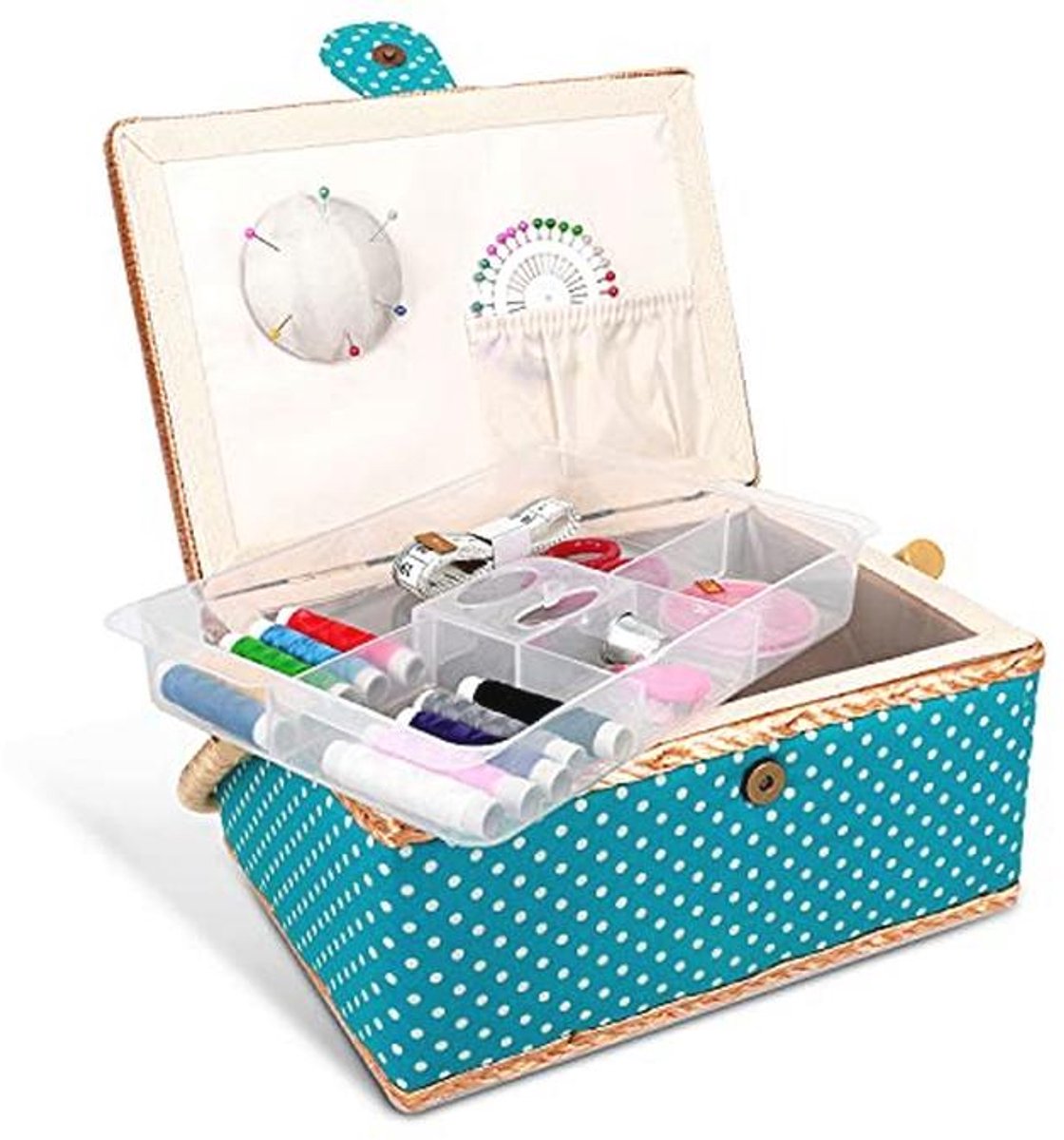 Complete naaimand met accessoires - 76-delige naaikit in turquoise met witte stippen