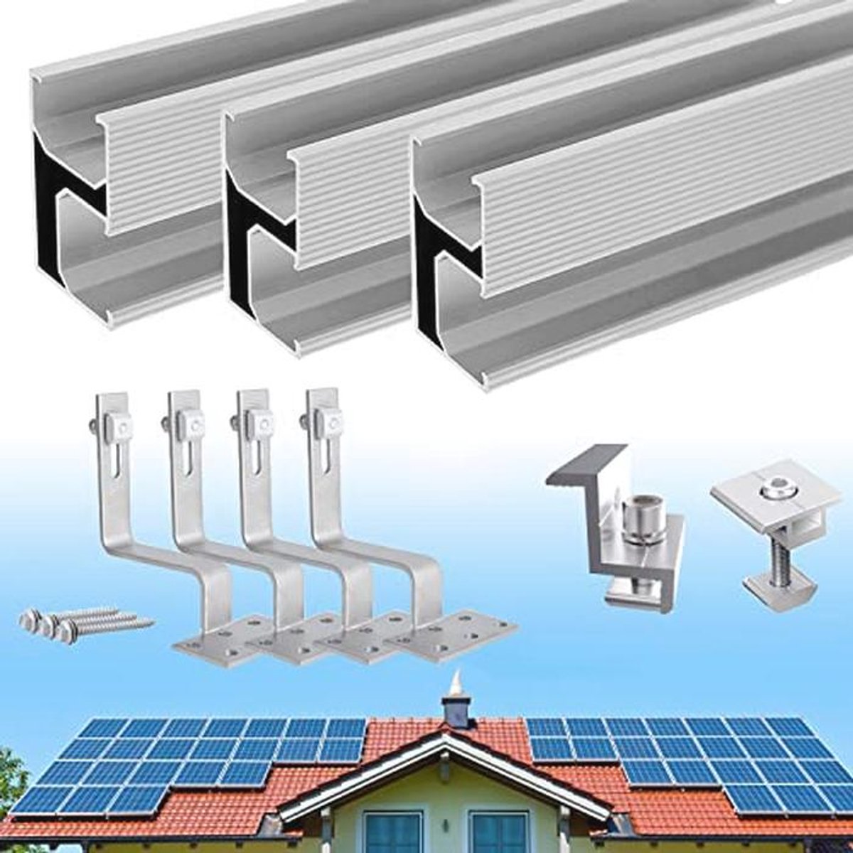 Zonnepaneelhouder voor baksteendak - Aluminium fotovoltaïsche montageset met dakhaken voor 4 modules