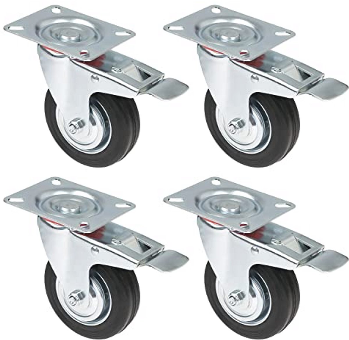 Zwaarlastwielen met Rem - 4 Stuks - Massief Rubber - 100 mm - Tot 280 kg