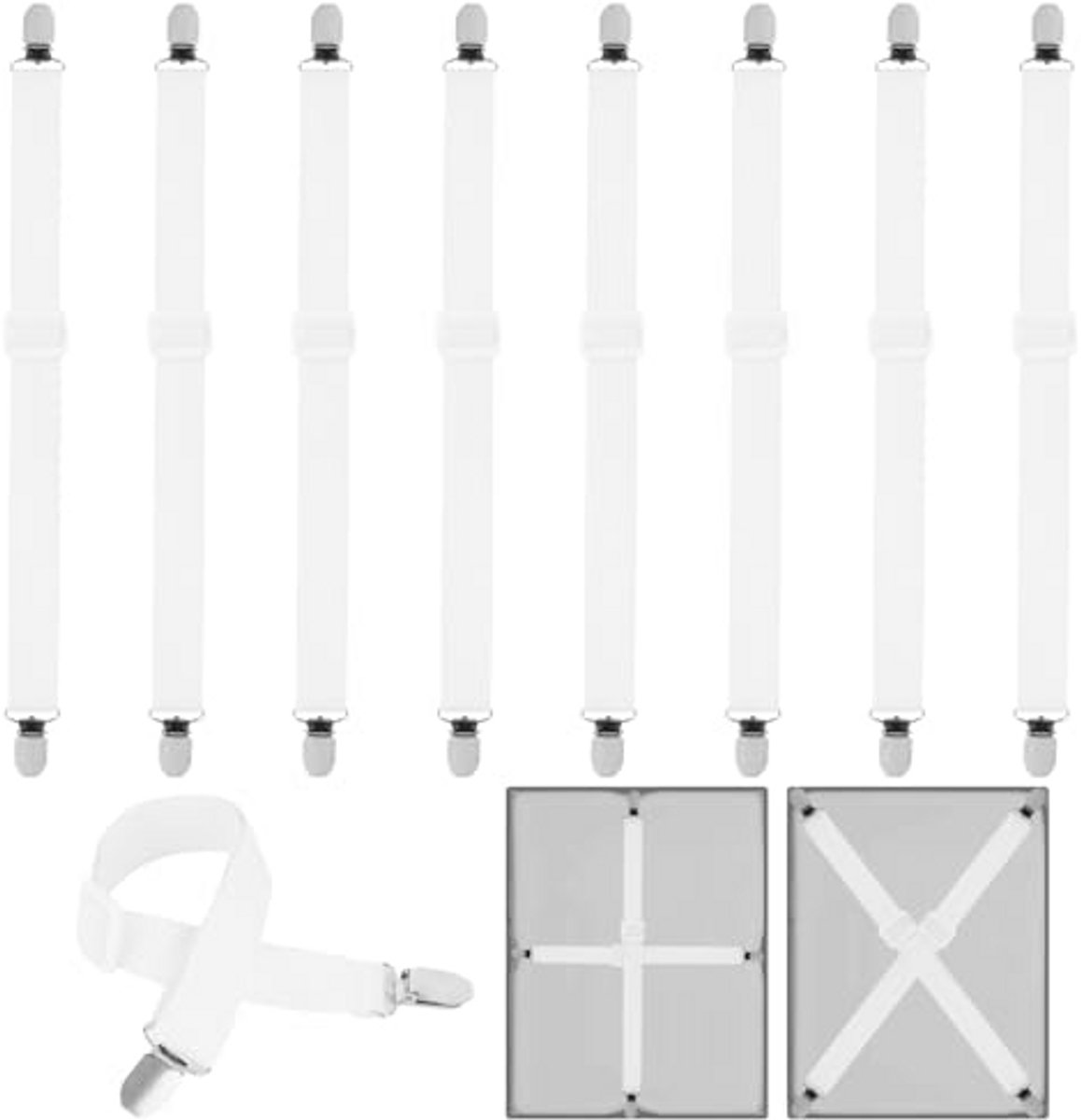 Pack van 8 Bedlaken Strappen, 55cm-250cm, Verstelbare Spanningstrekker voor Bedding, Matras, Sofa, Strijkplank