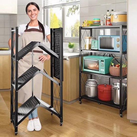 DEANIC Opvouwbare opbergplanken, 3 niveaus metalen rekken voor opslag 71 x 90 x 34 cm, keukenplanken op wielen, voorraadkast, boekenkast voor woonkamer (wit