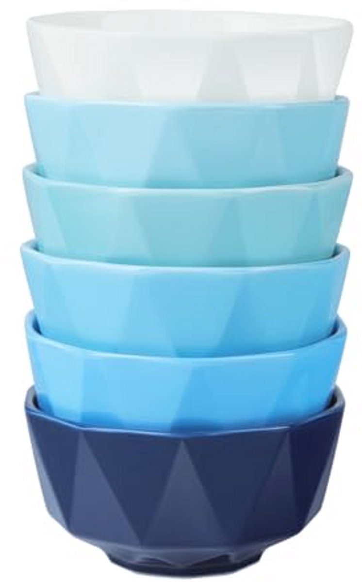 Set van 6 Kleine Dessertkommen - Witte en Blauwe Porseleinen IJs-, Snack- en Saladeschalen, Vaatwasser- en Magnetronbestendig