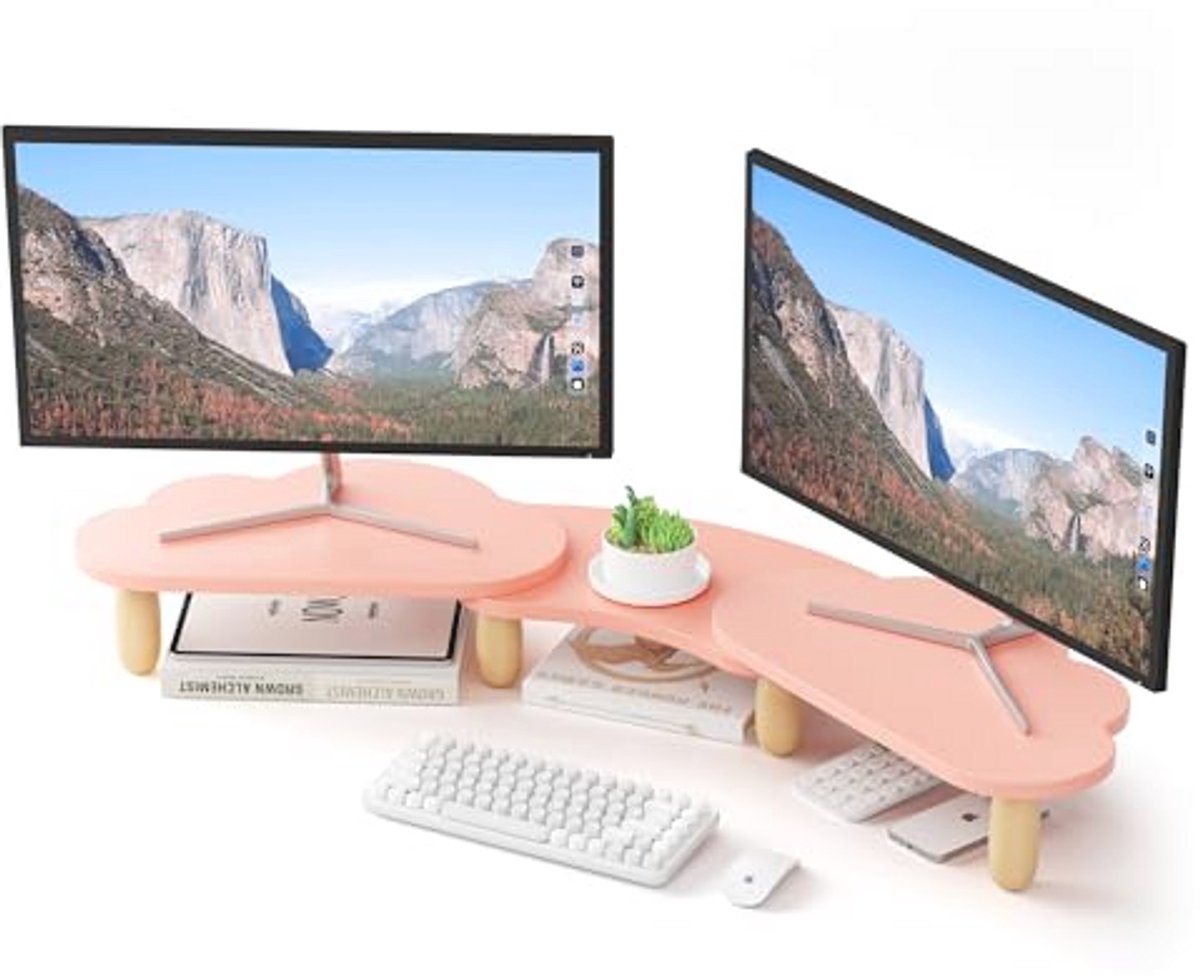 Verstelbare Dubbele Monitorstandaard Riser voor Laptop en PC - Roze