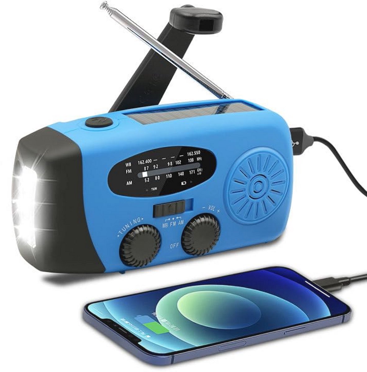 Zonne-energie en Zwengel Radio met LED Zaklamp en USB-oplader - Waterdicht voor Kamperen en Noodgevallen