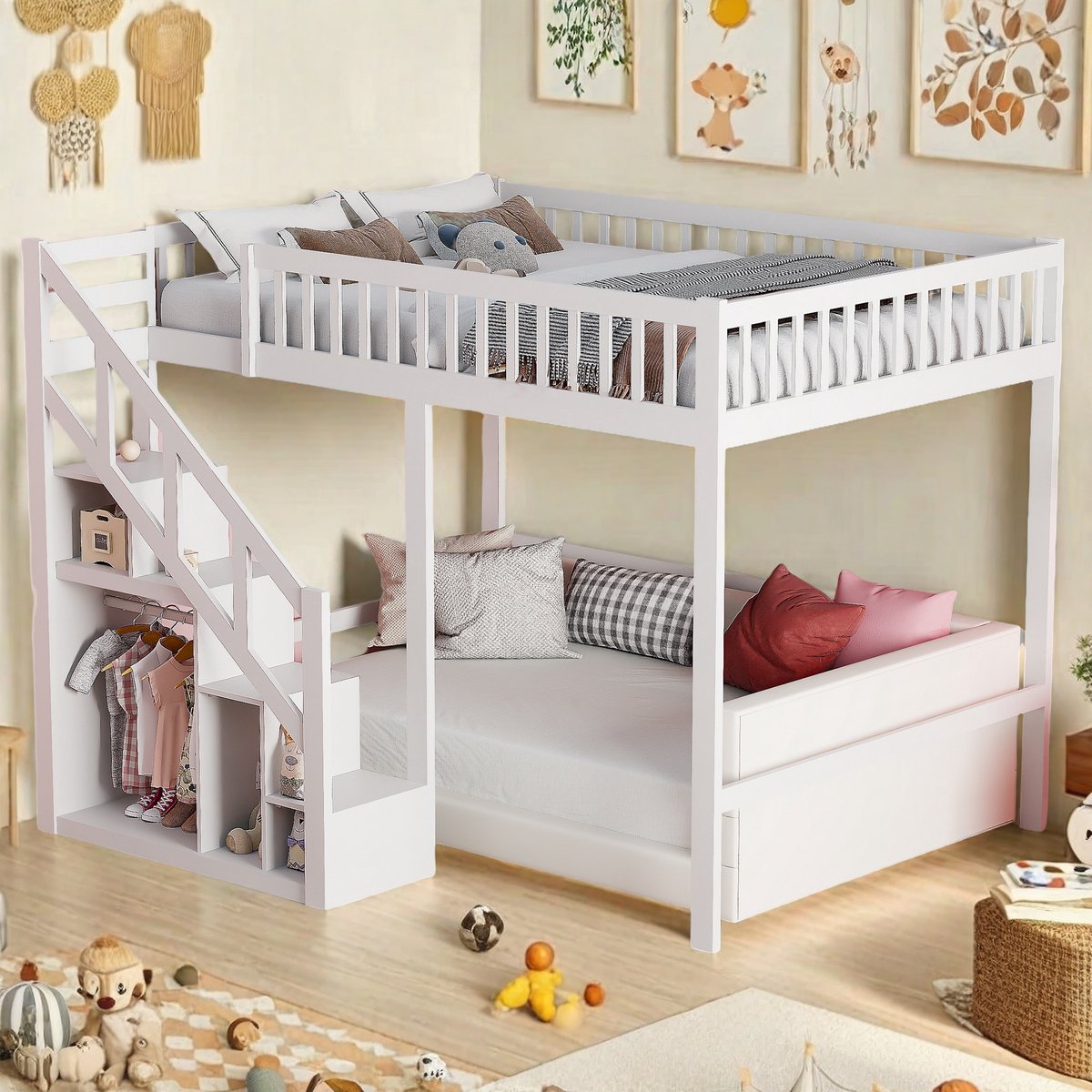 ROSAHQNDA Kinderbed met opklapbed 140x200 cm, kinderbed met valbeveiliging, trapje, opbergruimte, stapelbed, massief hout, exclusief matras（Verzonden in 3 aparte pakketten） Wit