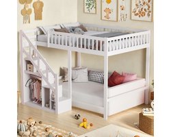 Kinderbed met opklapbed 140x200 cm, kinderbed met valbeveiliging, trapje, opbergruimte, stapelbed, massief hout, exclusief matras（Verzonden in 3 aparte pakketten）