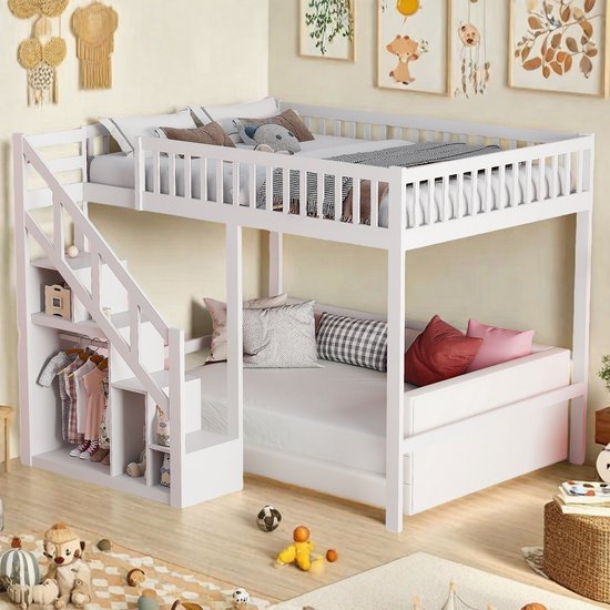 Lit d'enfant avec lit escamotable 140x200 cm, lit d'enfant avec protection contre les chutes, marches, espace de rangement, lit superposé, bois massif, matelas non inclus (Livré en 3 colis séparés)