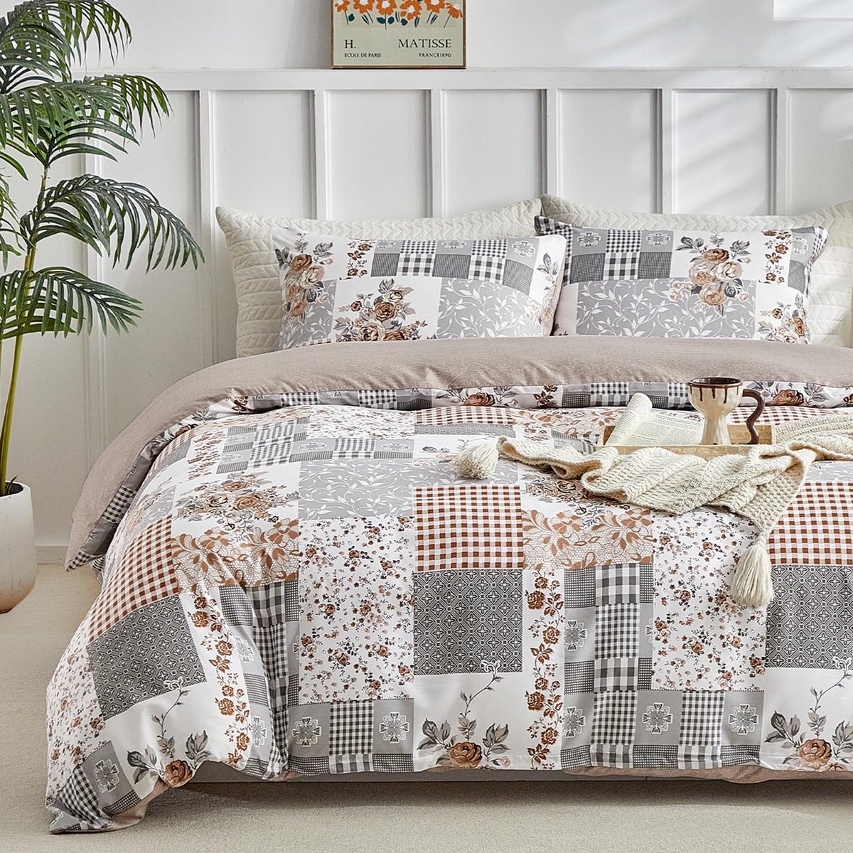 Unyqoos Drie-delige beddengoedset met patchwork bloemenpatroon voor tweepersoonsbed kaki